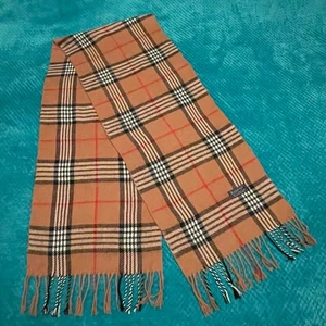 Burberry Vintage Scarf Light Brown with Black & White Check 100% Wool 160cm/32cm - Picture 1 of 14