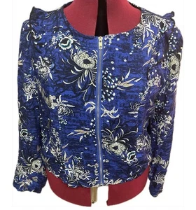 VTG JAASE Blue Floral Bomber Jacket S/M Ruffle Shoulder Cottagecore Boho Zip Up - Picture 1 of 8