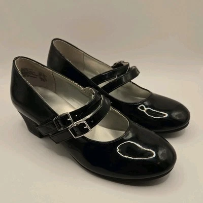 American Eagle Niñas Talla 2 Negro Mary Jane Brillo Gatito Tacón Zapatos de Vestir Brillantes Foto 1 de 4