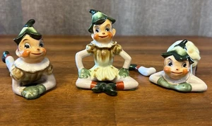 3 Vintage Pixie Elves Ceramic Figures Pixies Green Elf Japan Leaf Hat Leg Broken - Picture 1 of 17