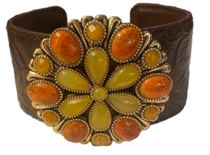 Barse Bronze Brown Floral Embossed Tooled Leather Coral Cuff Bracelet Great Gift - Picture 1 of 4