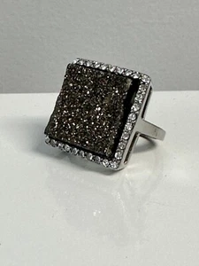 QVC Simulated Platinum Tone Drusy Quartz Ring Stainless Steel by Design J272086 - Picture 1 of 5