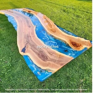 Blue Wave Epoxy Resin Dining Table | Handmade Live Edge Wooden Modern Furniture - Picture 1 of 7