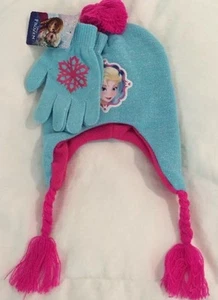 Disney Girls 7-16 Frozen Elsa Blue Pink Pom Sparkly Tassel Hat & Gloves Gift Set - Picture 1 of 4