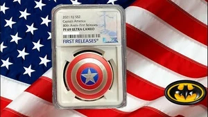 2021 MARVEL - CAPTAIN AMERICA SHIELD - 1 OZ. SILVER COIN - MINTAGE 2,500 PR69 - Picture 1 of 3