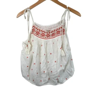 Free People Top Gr. Large elfenbein bestickt ärmellos Baumwolle Quasten rot Boho - Bild 1 von 10
