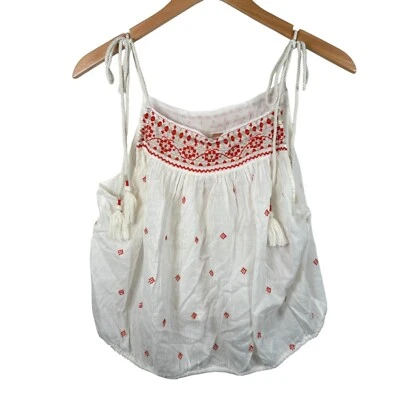 Free People Top Size Large Ivory Embroidered Sleeveless Cotton Tassles Red Boho - Image 1 of 4