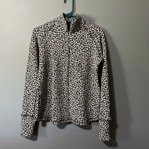 LUCY Athletic Top 1/4 Zip Pullover Brown Leopard Animal Print Stand Up Collar L - Picture 1 of 6