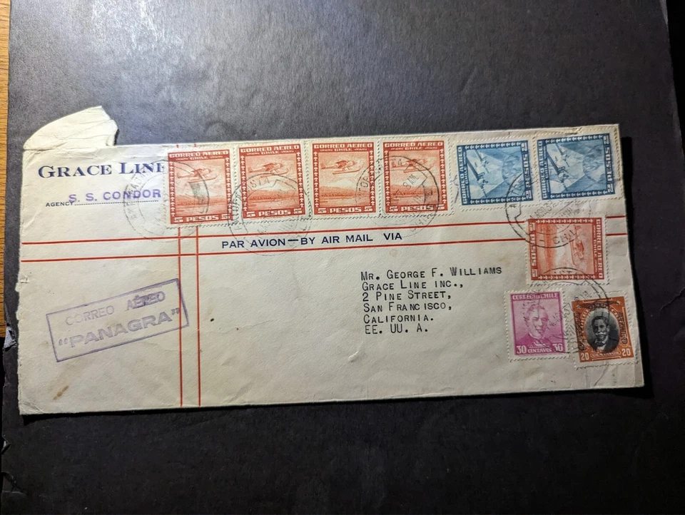 1937 年智利航空邮件船罩 SS Condor 到美国旧金山 — 第 1/2 张图片