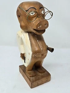 VINTAGE HAND CARVED WOOD PIG DOCTOR SCULPTURE FIGURE 12" - Picture 1 of 7