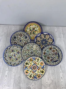 Set of 7 Vintage TURKISH round hand painted flower ART Pottery Floral plate - Picture 1 of 13