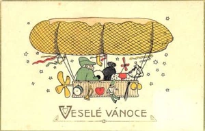 Green Suited Santa Christmas Air Ship "Vesele Vanoce" Postcard - Picture 1 of 1