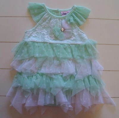 Little Lass Baby Green White Floral Lace Bodysuit Dress Easter Party 3-6M 6-9M - Image 1 of 2