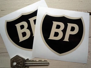 BP British Petroleum Black & Beige Shield Vinyl Decal STICKERS 75mm Pair Petrol - Picture 1 of 1