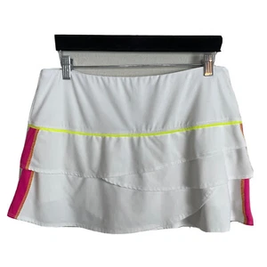 Lucky in Love White Pink Side Panel Neon Yellow Trim Tiered Tennis Skirt Size L - Picture 1 of 5