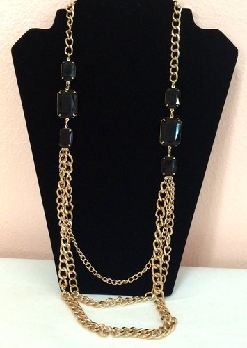 Black Rhinestone Gold 3 Chain Necklace 17