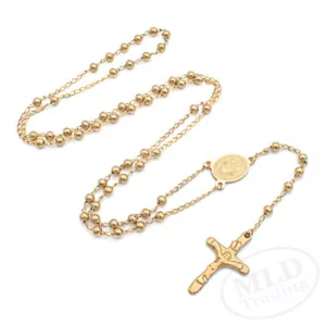 Gold Stainless Steel Rosary Necklace 18" Saint Benedict Medal 4mm Beads Cross - Picture 1 of 6