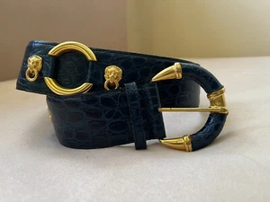 Croute De Cuir Vachette Vintage Francese Cintura In Pelle Rettile Leoni Oro In rilievo - Foto 1 di 10