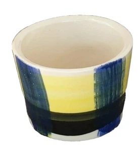 Blue, black, yellow ceramic planter by Ungemach "plaid cloth" look, 3 1/4" h - Picture 1 of 6