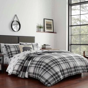 Eddie Bauer Comforter Set 92" x 96" Full/Queen Soft Cotton Plaid White 3-Piece - Picture 1 of 7
