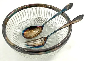 F.B. Rogers Silber 3-teiliges Servierset - Glas Salatschüssel versilberter Rand & Servierer - Bild 1 von 13