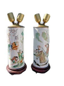 Paire vases lampes décor scène chinoise personnages calligraphie 19eme - Imagen 1 de 12