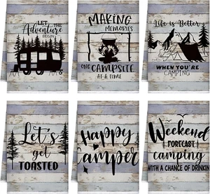 Boyiee Set of 6 Camping Kitchen Towels Happy Camper Tea Towels Absorbent Farmhou - Picture 1 of 12