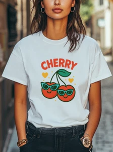 Cherry Couple T-Shirt Cute Fruit Design with Sunglasses Hearts Women Men Tee - Picture 1 of 6