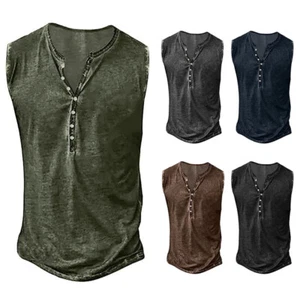 Men Button Vest Tank Top Workout Casual Muscle Tee T-Shirt Sleeveless Gym Sport - Picture 1 of 17