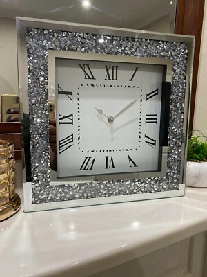 34cm Large Mirror Glass Diamante Crushed Jewel Wall Clock for Home Decor & Gift - Image 1 of 4