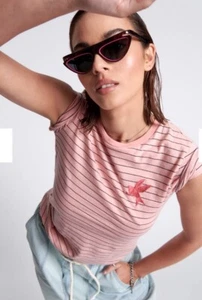 One Teaspoon Bower Bird Embroidered Logo Fitted Striped Pink Tee Shirt Size XS - Picture 1 of 11