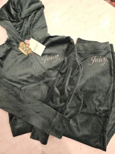 NEU NEU MIT ETIKETT JUICY COUTURE Velour OG Glitzer Trainingsanzug Hoodie Hose Set Evergreen Größe L - Bild 1 von 10