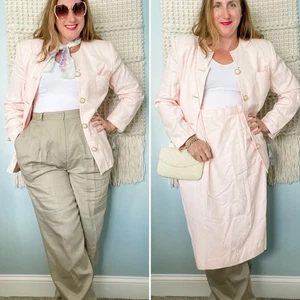 Vintage 80s Collarless Jacket Fancy Button Power Skirt Suit Set pink size 6/8 - Picture 1 of 10