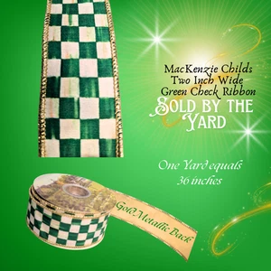 MacKenzie Childs grün kariertes Band 2" breit VON YARD VERKAUFT Metallic Gold Trim - Bild 1 von 5
