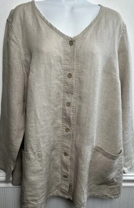 Flax 100% Linen Button Top Small Oversized Lagenlook Beige Round Neck Topper - Bild 1 von 9
