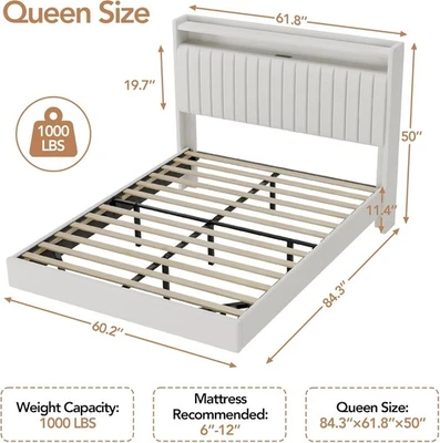 Marco de cama flotante tamaño completo luz LED plataforma tapizada cabecero almacenamiento Foto 1 de 4