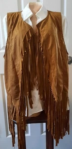 Wo(men's) Western Sleeveless Boho Fringe Vest Size L Faux Suede Tassels Hippie  - Picture 1 of 15