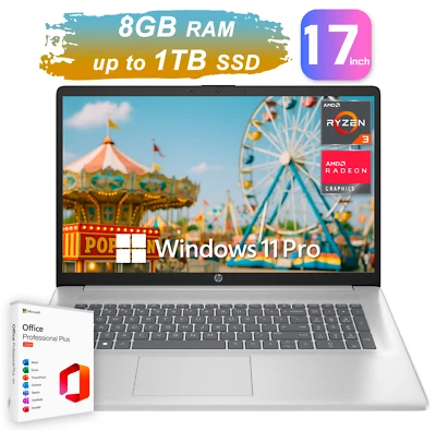 HP Laptop Computer 17.3" Office 2024 4-Core Ryzen 3 8GB RAM Upto 1TB SSD Win Pro - Image 1 of 4