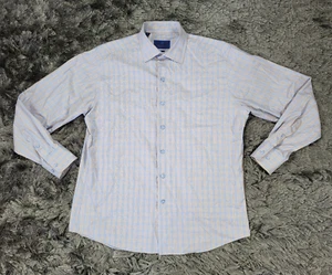 David Donahue Hemd Herren Large 16,5 blau braun kariert Baumwolle Fusion Knopfleiste - Bild 1 von 19