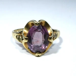 Vintage 10K Yellow Gold Amethyst & Diamond Ring Size 6. - Picture 1 of 9