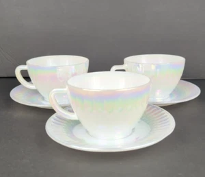 Federal Glass Moonglow Pearl Iridescent Tea cup & Saucer Set of 3 vintage - Picture 1 of 11