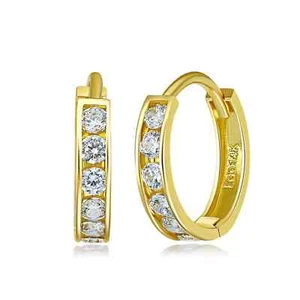 Unisex 14K Yellow Gold Huggie Hoop Earrings 14K Yellow Gold Round Cut CZ Stones - Picture 1 of 8