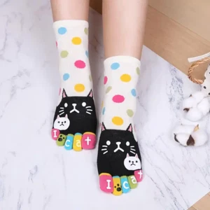 3 Pairs Five Finger Socks Cotton Casual Cartoon 5 Toe Separate Cat Animal Print - Picture 1 of 18