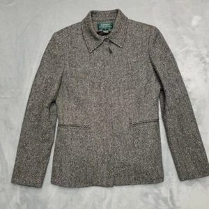 Lauren Ralph Lauren Jacket Womens 4 Black Herringbone Full Zip Lambs Wool Blazer - Picture 1 of 14