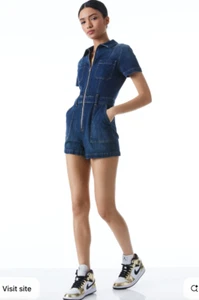 Alice + Olivia Denim Romper Short Jumpsuit Blue Love Train Size 29 Retail $350 - Picture 1 of 6