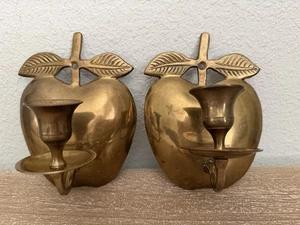 Coppia di applique da parete vintage in ottone portacandele mele con foglie - Foto 1 di 11