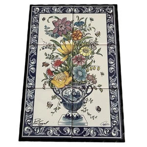 Pannello Piastrelle Ceramica Floreale con Bordo Blu 6 Pezzi Decorazione Wall Art Portogallo - Foto 1 di 9