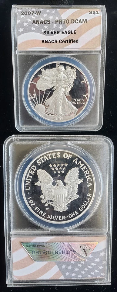 2007-W American Proof Silver Eagle $1 ANACS Certified PR70 Flag Label 24425 - Image 1 of 1