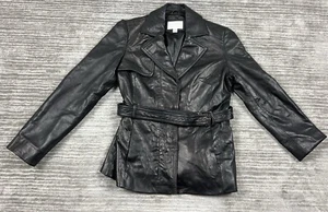 Chaqueta Worthington para mujer pequeña negra de cuero genuino con cinturón a presión - Imagen 1 de 13
