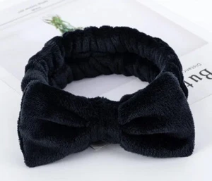 PLUSH Bow Soft Fleece Spa Hair Band Wrap Headband Bath Facial Yoga Soft Black - Picture 1 of 6